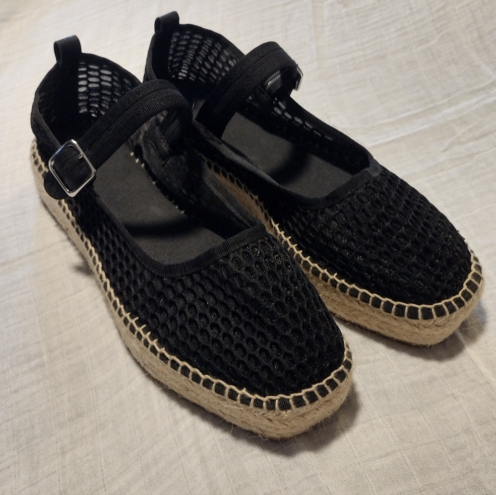 Maeve Black Mesh Espadrille Flats with Jute Sole